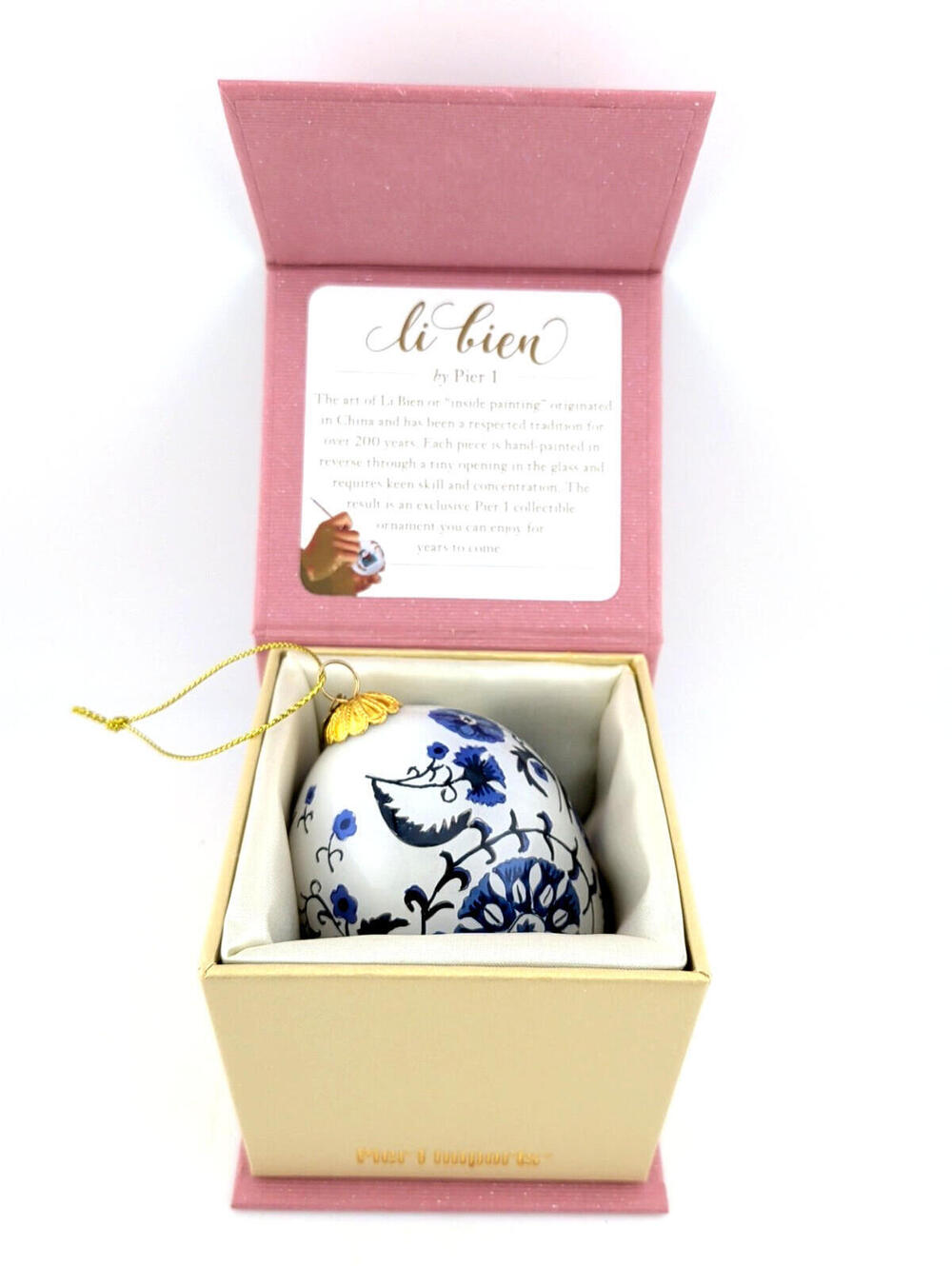 Pier 1 Li Bien Easter Egg Glass Ornament Hand Painted Cobalt Blue & White NIB